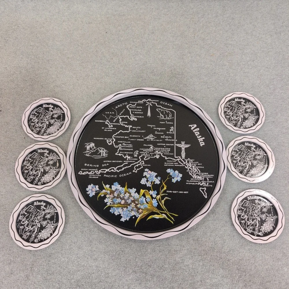 Vintage Alaska State Map Metal Serving Tray and Coaster‎ Set Forget-Me-Not 7pc